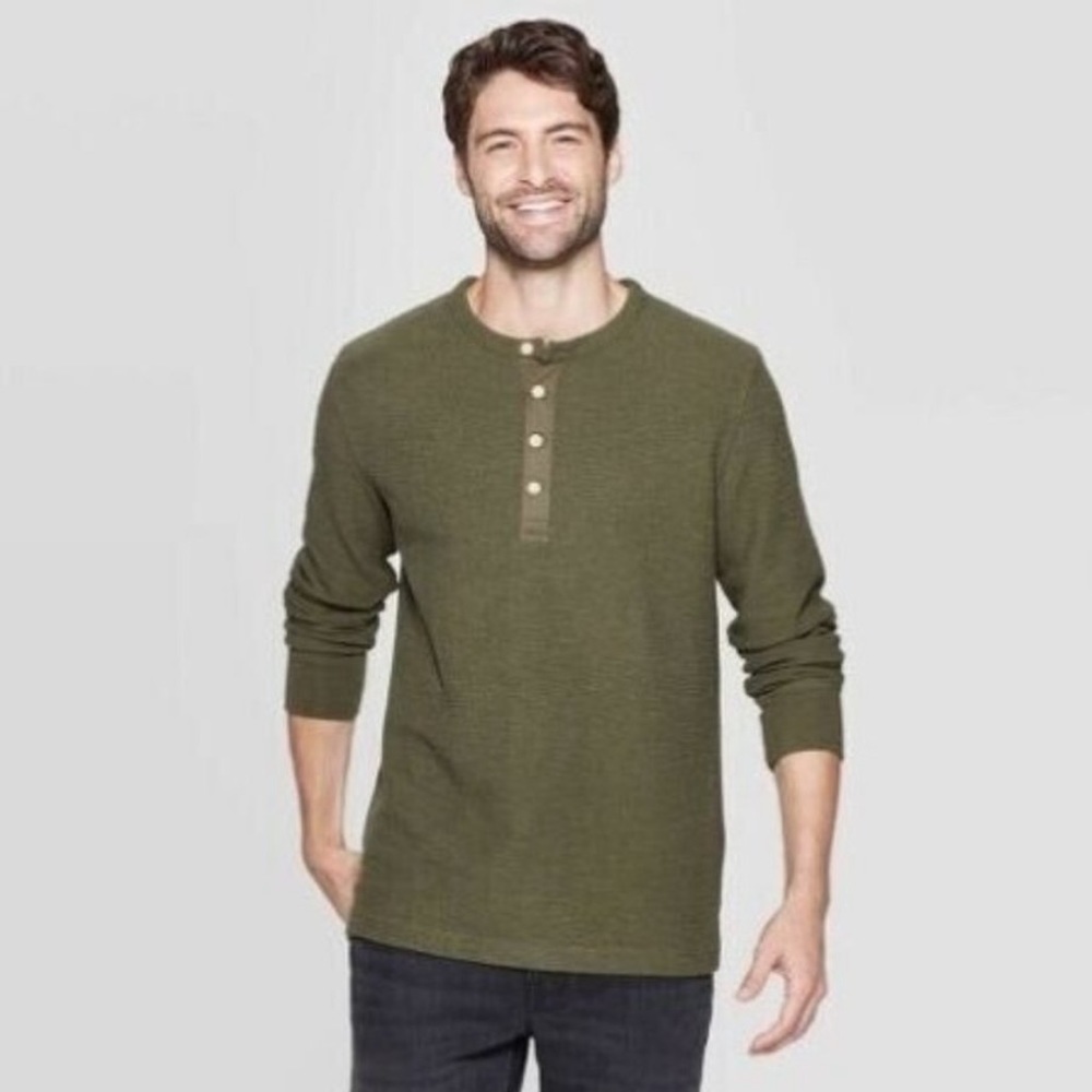 Goodfellow & Co - Men’s Long-Sleeve Textured Henley Shirt in Deep Olive Green